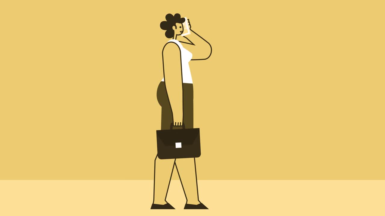 Yellow Style Woman with Briefcase Flat Character Walk Cycle with Mobile Phone Call. Isolated Loop Animation with Alpha Channel
