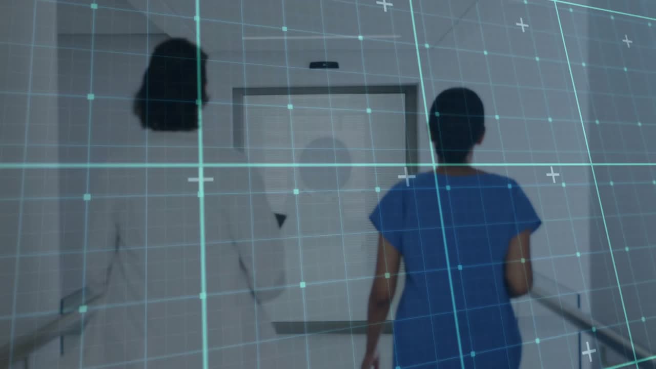 Doctor and nurse entering hospital corridor while digital grid animating, nearing secured doors