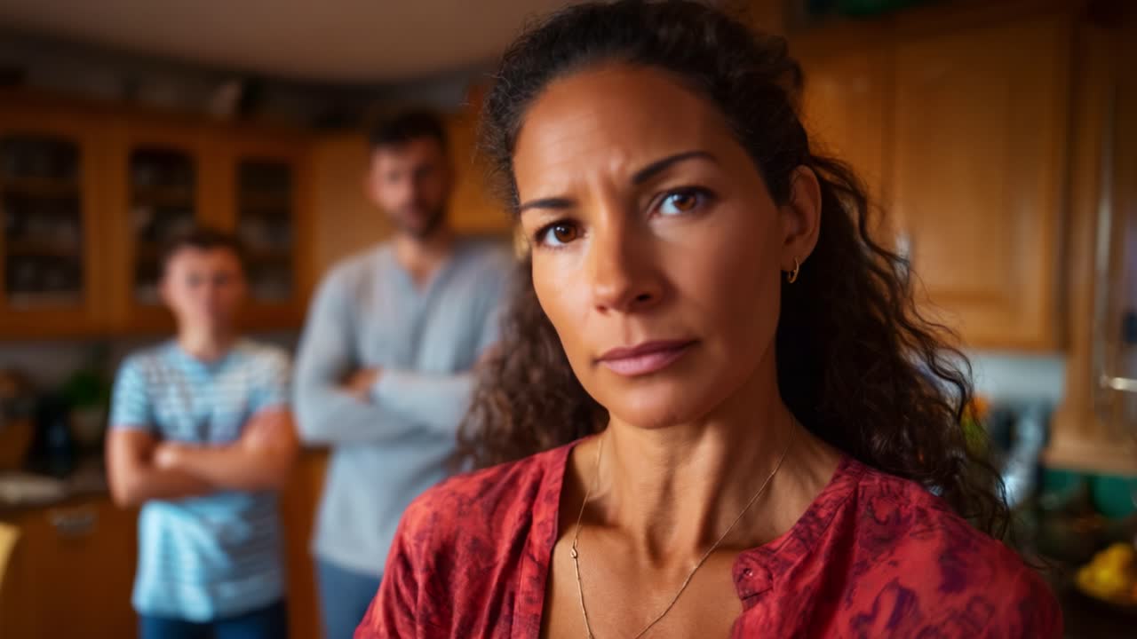 A Thoughtful Woman Faces Tension in a Domestic Setting, Surrounded by Family Members Whose Expressions Reflect Contemplation and Conflict Amidst Daily Life