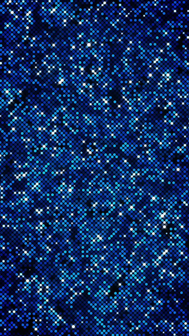 Glowing blue circular dots and bokeh lights forming a shimmering grid pattern on a dark background. Loop animation. Sparkling glitter mosaic grid background. Vertical video