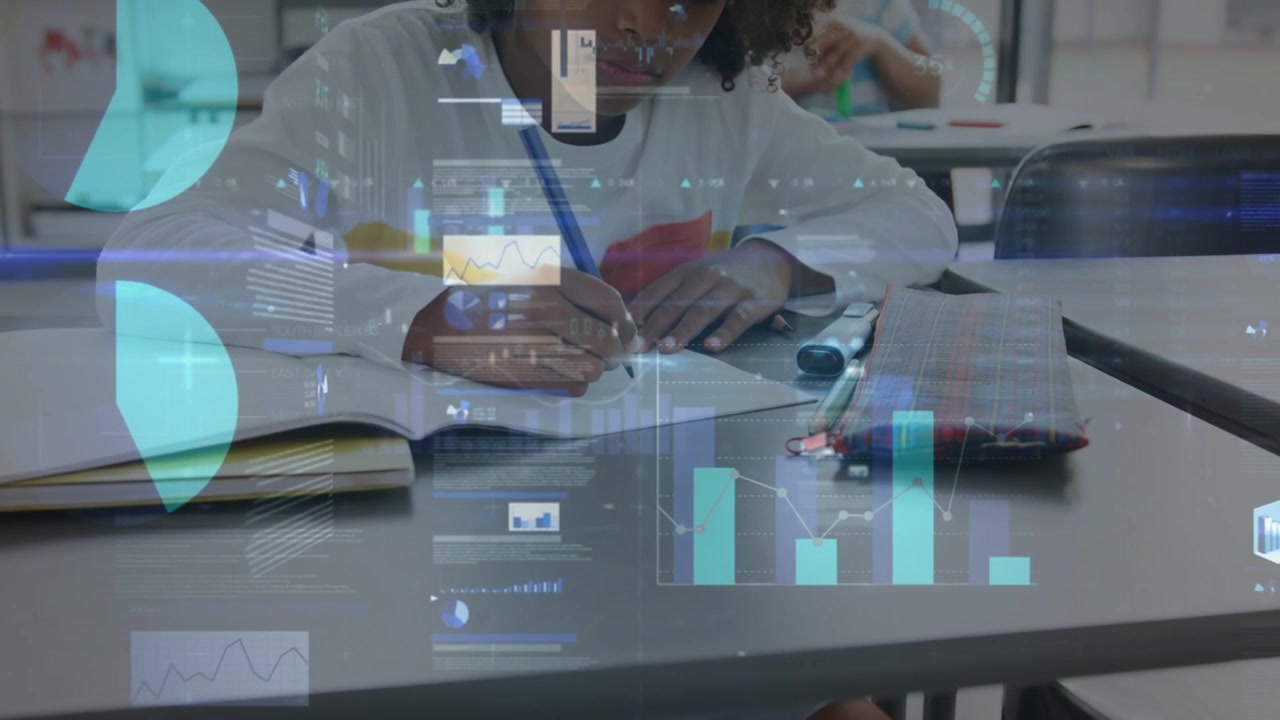 Female student writing, pencil starting translucent data HUD over notebook, visualizing learning