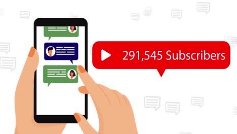 Play-Symbol-Mit-Steigenden-Abonnenten-Gegen-Die-Hand-Mit-Smartphone-Vor-Weißem-Hintergrund