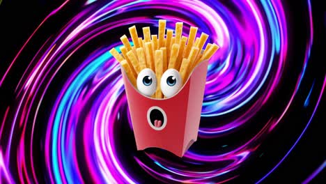 animated french fries character with wide eyed surprise, nestled in red box, spinning wildly within vivid, pulsing color vortex, blending playful energy and dynamic motion