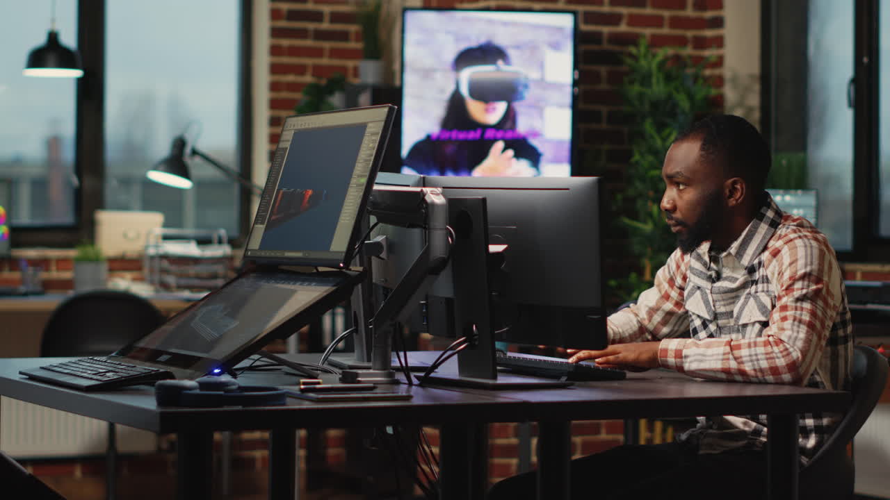 African american web developer working in artistic office to create CGI content