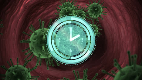 animation of clock and scope scanning over covid 19 cells