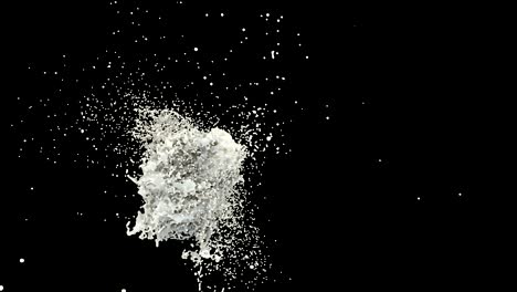 milk splashes whirl 3d realistic footage. white fluid drops and splatters isolated on black background. liquid droplets twirling effect close up animation. acrylic paint twist dynamic video