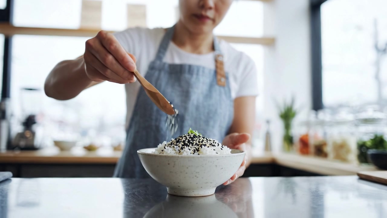 Un artista culinario che perfeziona una ciotola di riso: aggiunge guarnizioni e tocchi finali in un ambiente di cucina luminoso, celebrando cibo e sapore.
