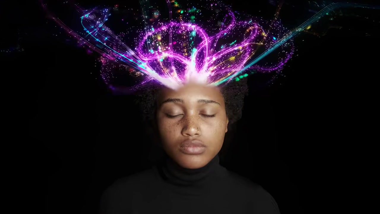 Giovane donna con linee di energia astratte luminose che emanano dalla sua testa