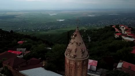 Pan-up-drone-shot-of-flowers-growing-on-the-top-of-the-church