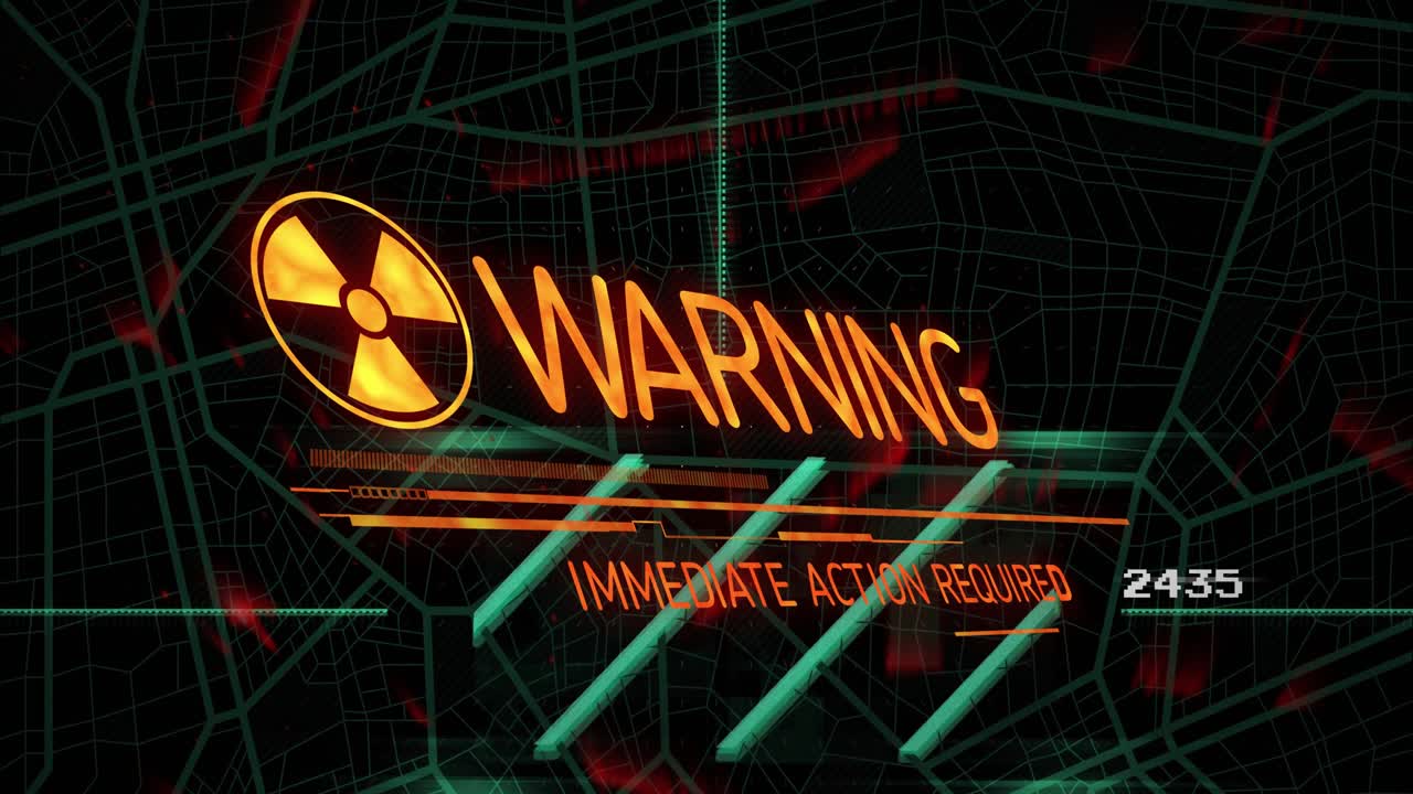 Hazard HUD building over map trefoil rising scan lines moving alert tilting urging immediate action