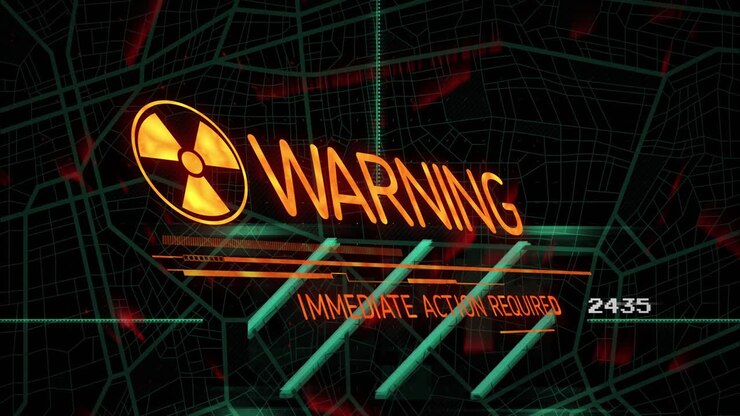 Hazard HUD building over map trefoil rising scan lines moving alert tilting urging immediate action
