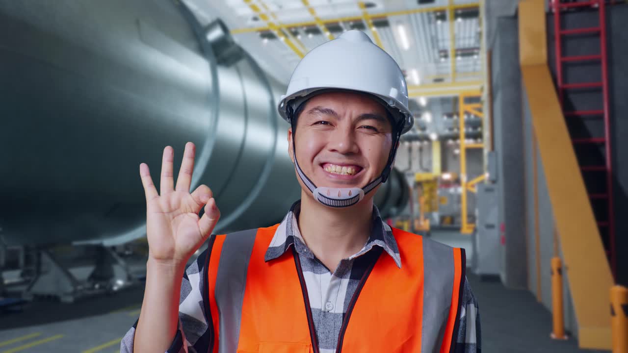 웃는 엔지니어가 공장에서 ok 신호를 주고 있습니다.