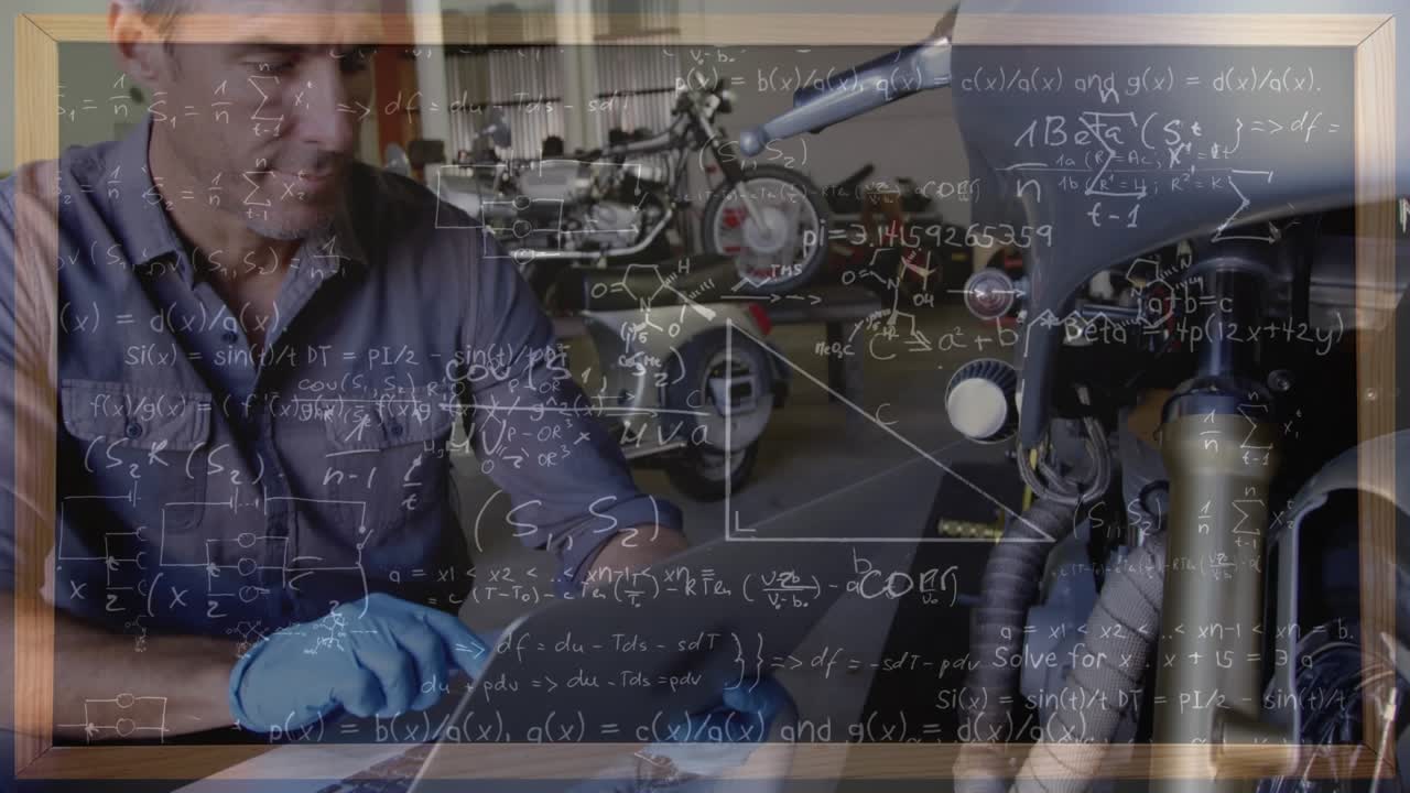 Animation of mathematical equations over caucasian male mechanic in workshop