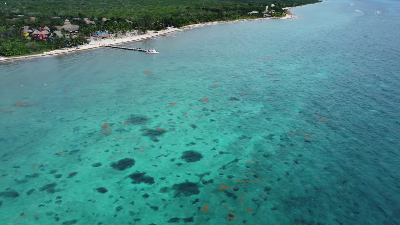 Costa di Cozumel con acque limpide e turchesi, barche e vegetazione tropicale, vista aerea.