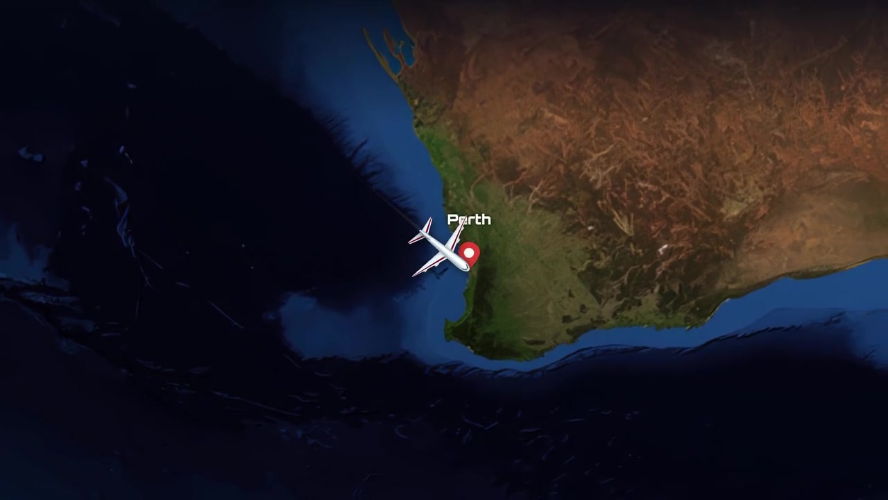 Satellite view animation follows a commercial airplane flying from London to Perth across the globe