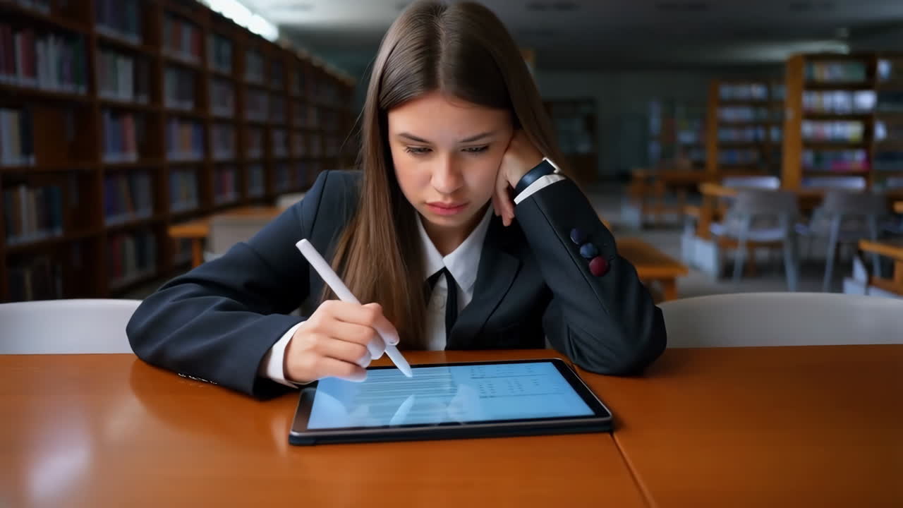 Young Woman Studying with Tablet in Library