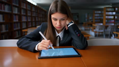 young woman studying with tablet in library