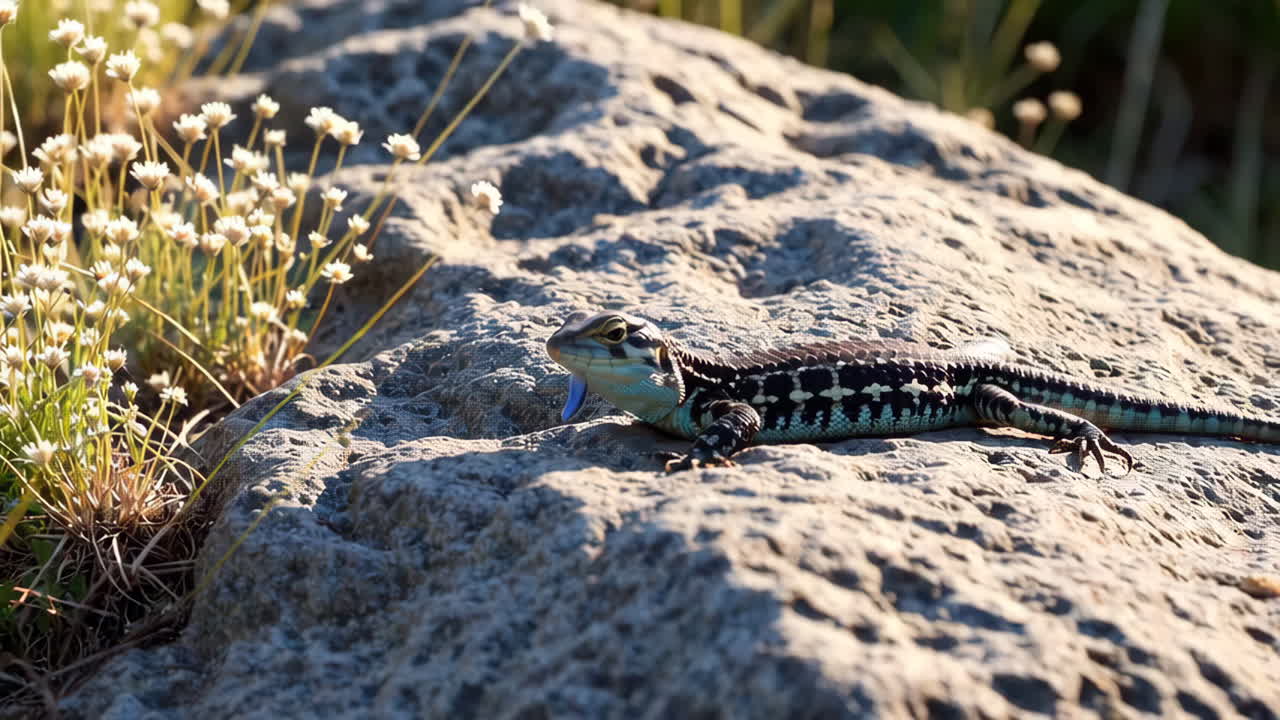 Lizard on a rock with flowers