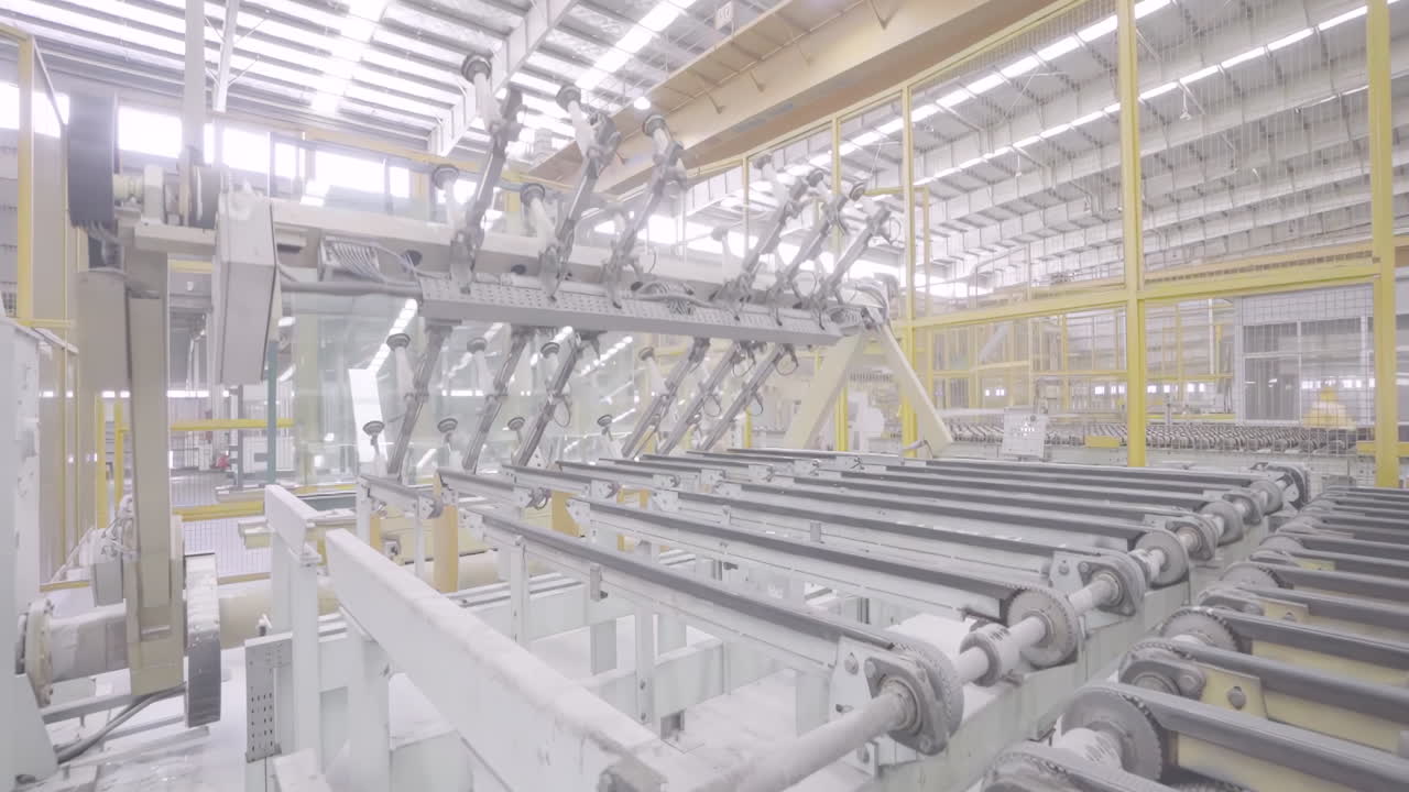 Industrial factory glass moves on the roller table. Automatic removal of flat glass from the conveyor line. Glass conveyor line