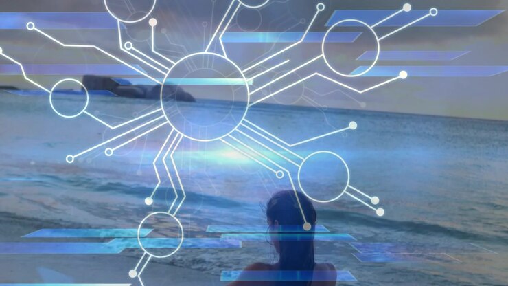 Animation of hud elements with futuristic light, caucasian woman in bikini exercising at beach