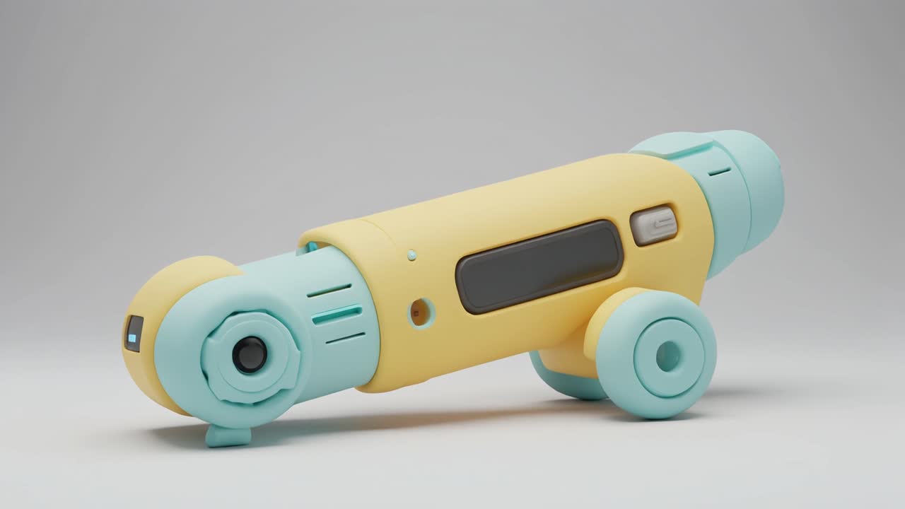Stylizovaná žlutá a modrá robotická hračka s kamerou.