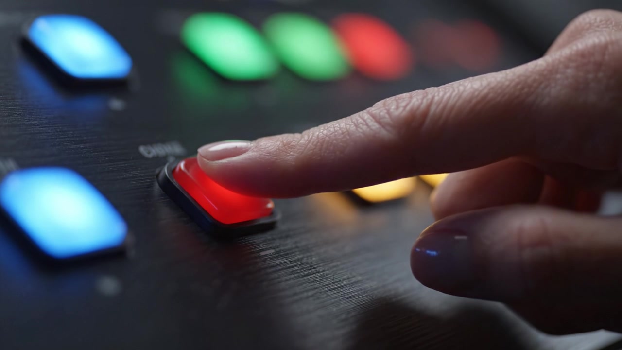 Vibrant Close-Up of Control Buttons Highlighting Functionality, Colorful Lights, and User Interaction in a Modern Equipment Setup