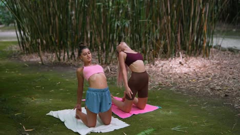 two women doing yoga in a bamboo garden