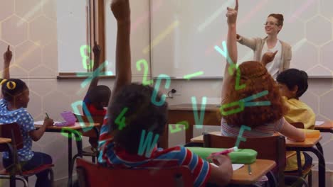 animación de letras que se mueven sobre niños de escuela felices y maestra en clase