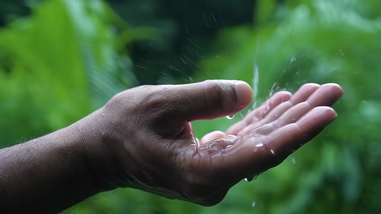 Close-up of a hand catching raindrops