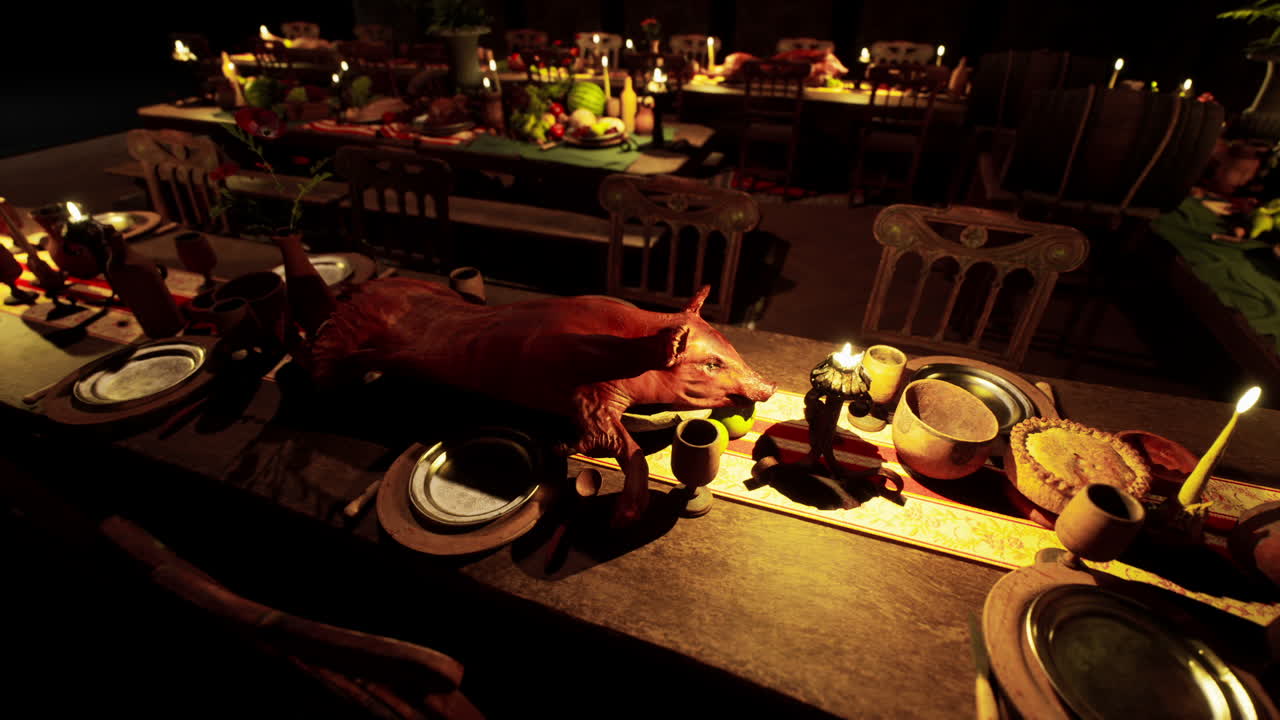 A grand feast with an assortment of food and drinks on a long banquet table