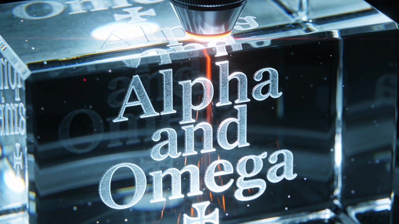 Activating laser head, red beam cutting clear crystal block on workbench, lighting Alpha and Omega