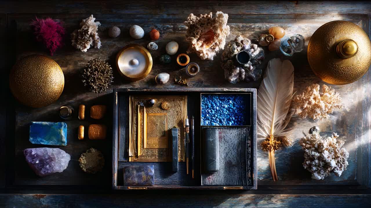 Tata Letak Elegan dari Elemen Alami dan Dekoratif: Still Life Menawan yang Menampilkan Kristal, Aksen Emas, Instrumen Menulis, dan Temuan Laut Tekstural