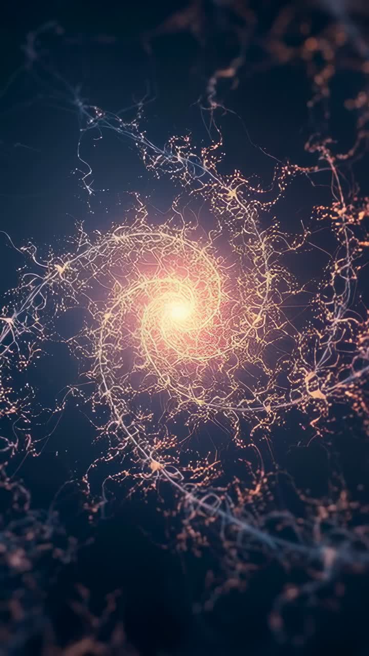 Video verticale: nucleo a spirale pulsante che invia onde e nodi di scintille attraverso un campo blu scuro, fili in movimento