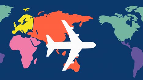 Animation-Eines-Weißen-Flugzeugs,-Das-über-Eine-Mehrfarbige-Weltkarte-Auf-Dunkelblauem-Hintergrund-Fliegt