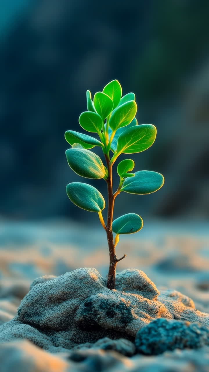 Newly sprouted plant grows in sand. A small green plant emerges from sandy soil, basking in soft light, symbolizing resilience and new beginnings.