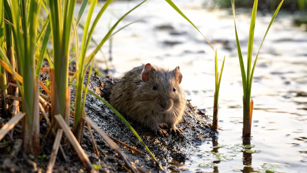 Um Roedor Curioso Explorando Seu Habitat de Zona Húmida: Um Encontro Encantador com as Menores Criaturas da Natureza em Meio à Vegetação Exuberante e Águas Tranquilas