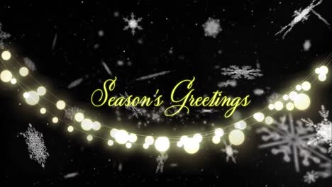 Animation-of-seasons-greetings-text-over-spots-and-snow-falling-on-black-background
