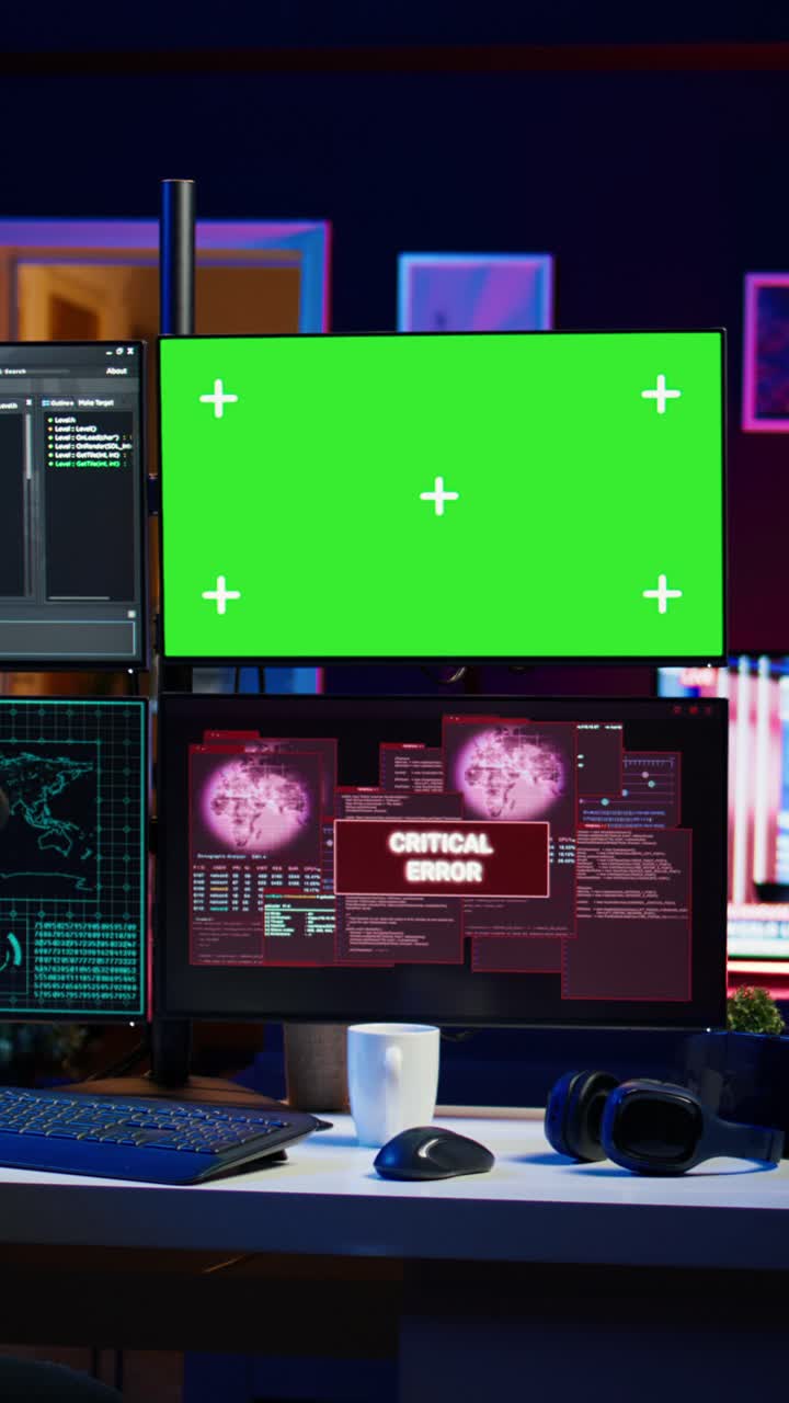 Hacker che usa un video verticale e un monitor mockup e visualizza il messaggio di errore di accesso negato