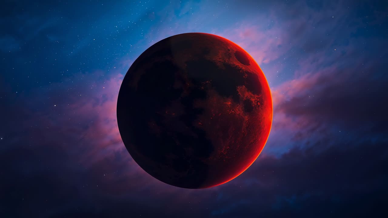 With red glow appearing on right, red-rimmed planet rotating revealing craters in nebula clouds