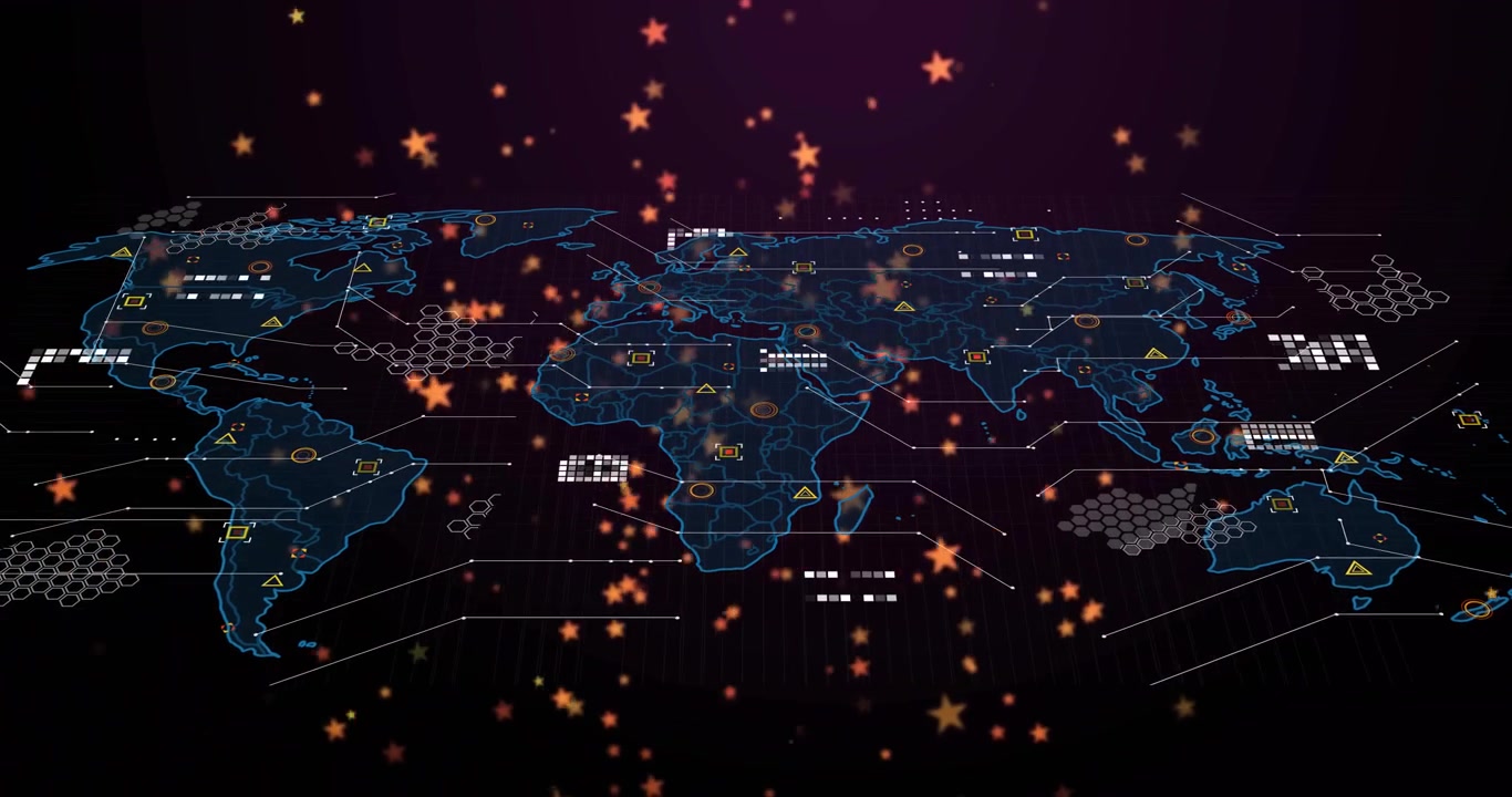 Drifting particles starting blue wireframe world map emerging linking data icons showing network