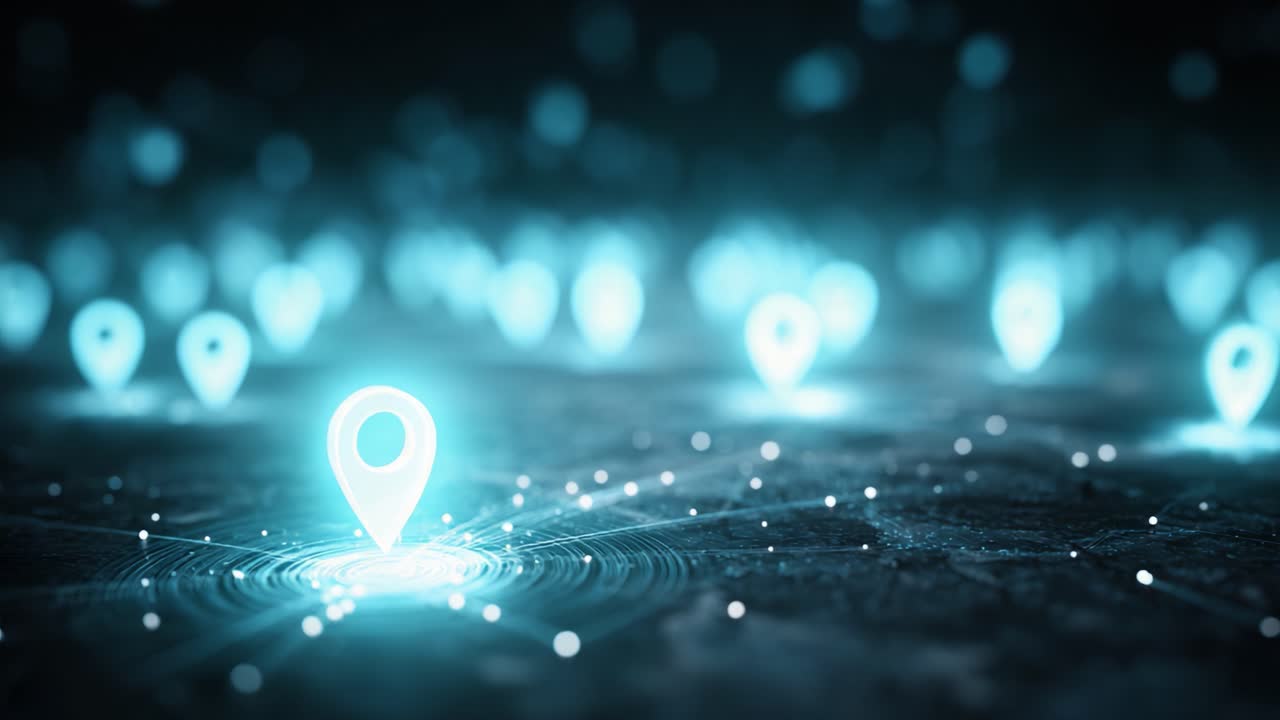Illuminated Location Markers Connected by Digital Lines in a High-Tech Mapping Environment Showcasing Geospatial Data and Connectivity