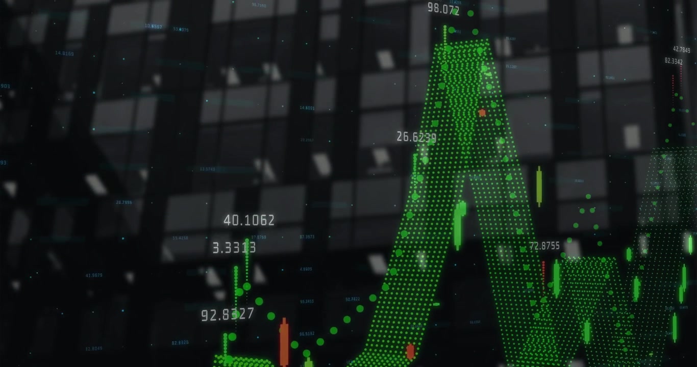Grafico finanziario digitale del mercato azionario in crescita su un edificio cittadino
