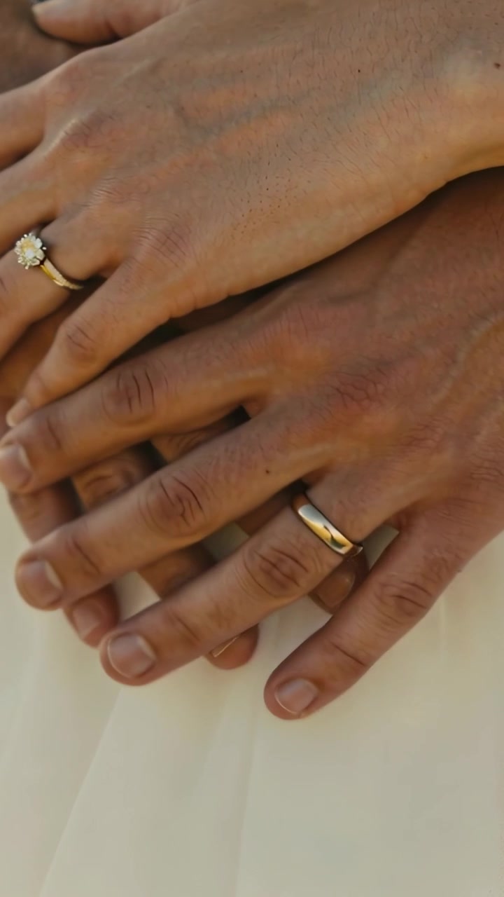 Video verticale: Mano della sposa che scivola catturando la luce all'altare, mostrando gli anelli su un abito con perline.