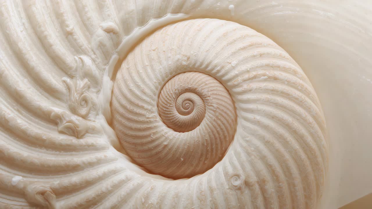 Moving cam filming offwhite spiral shell in macro studio showing ridged lines and sand in grooves