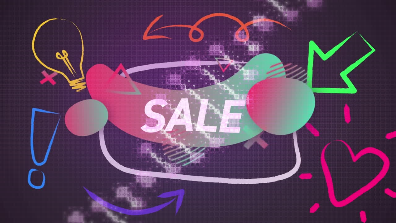 검은색 배경에 판매 텍스트와 비즈니스 아이콘의 애니메이션