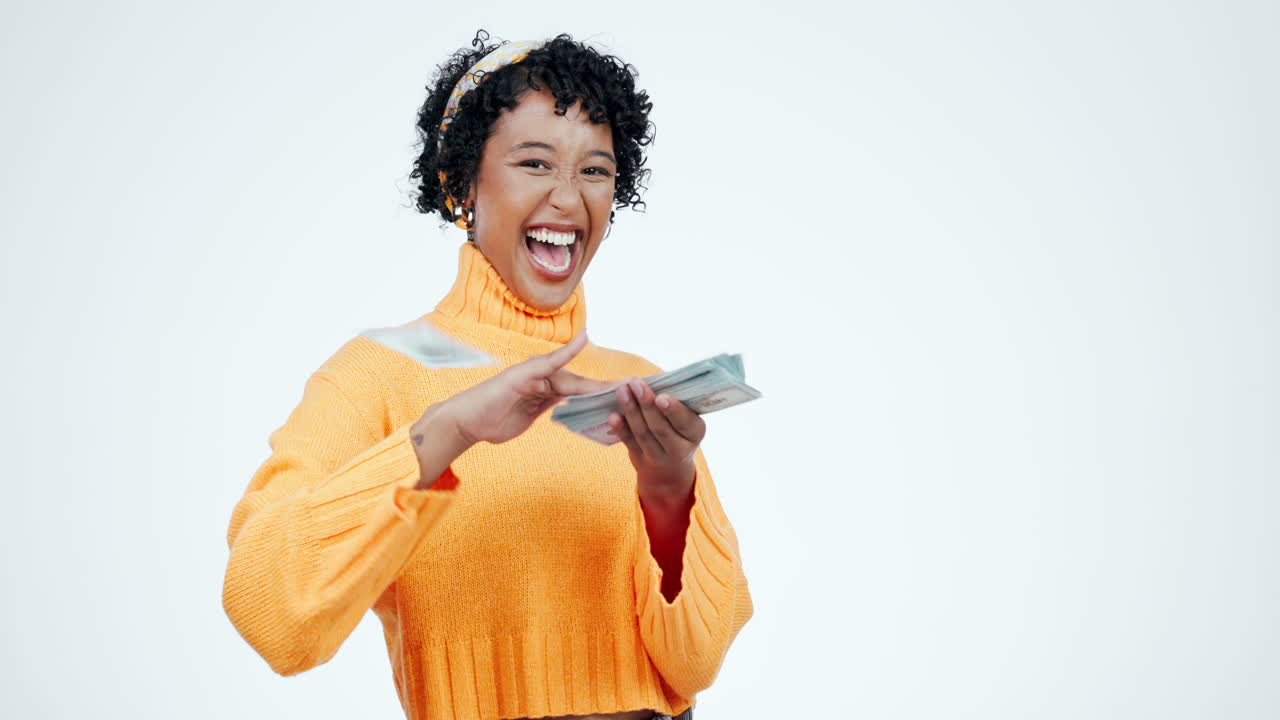 Woman, excited and cash, finance and wealth