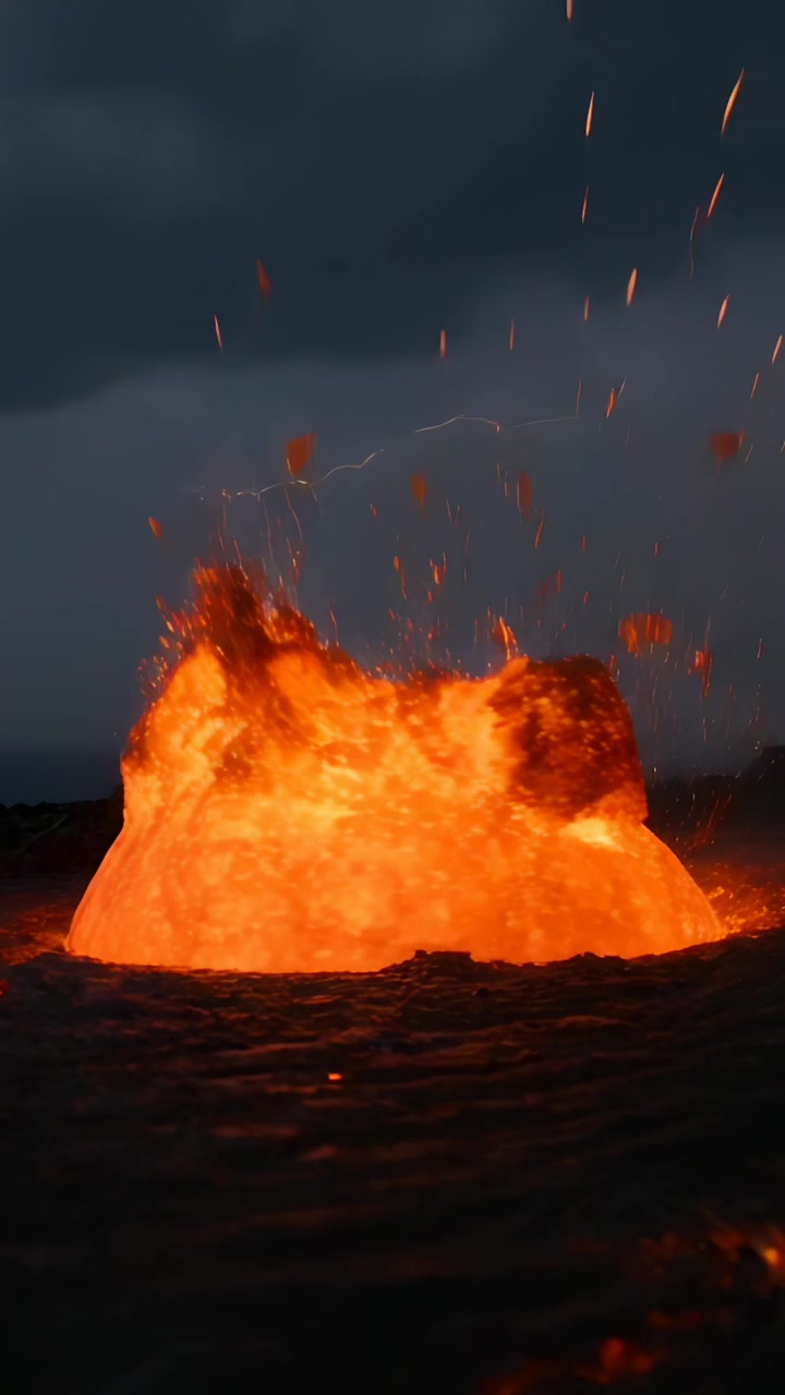 Vertical video: Bulging molten lava dome rupturing at shore, spattering hot clasts and venting gas