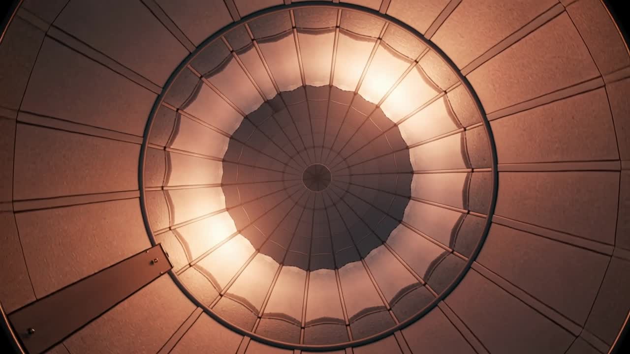 Telecamera che effettua una panoramica sotto una cupola, anello smerlato che ruota in senso orario, luci che si illuminano per il design.
