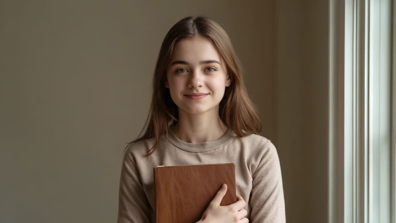 Adolescente con top beige che, reagendo alla luce della finestra, chiude e apre gli occhi, tenendo un libro di pelle e riflettendo.