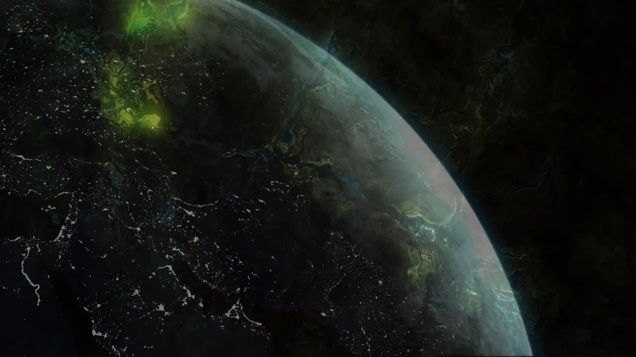 Animazione verde e gialla brillante della Terra dallo spazio con fenomeni atmosferici.